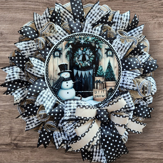 Black and Tan Winter Snowman Wreath