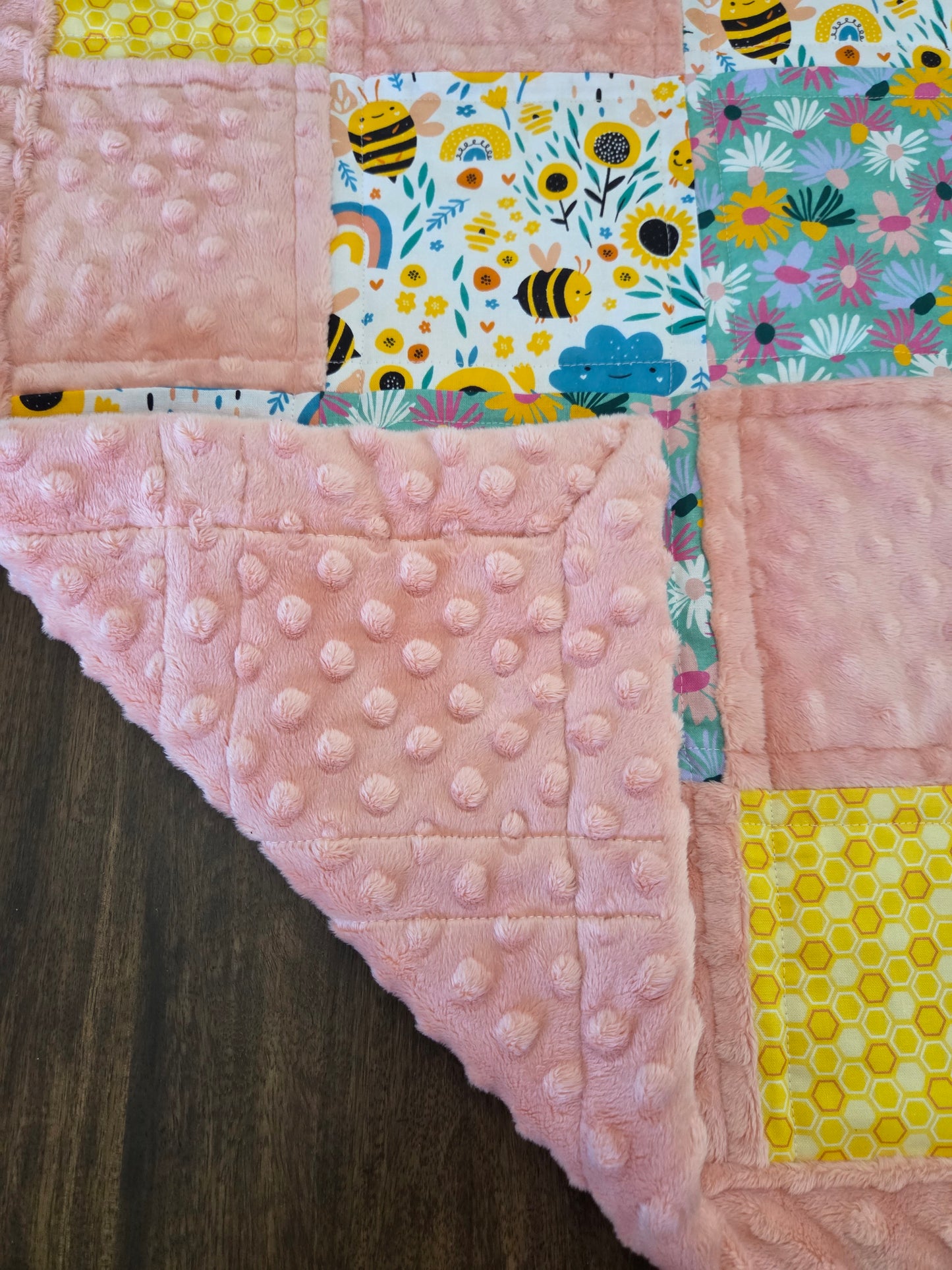 Bees and Flowers Baby Quilt with Minky Back