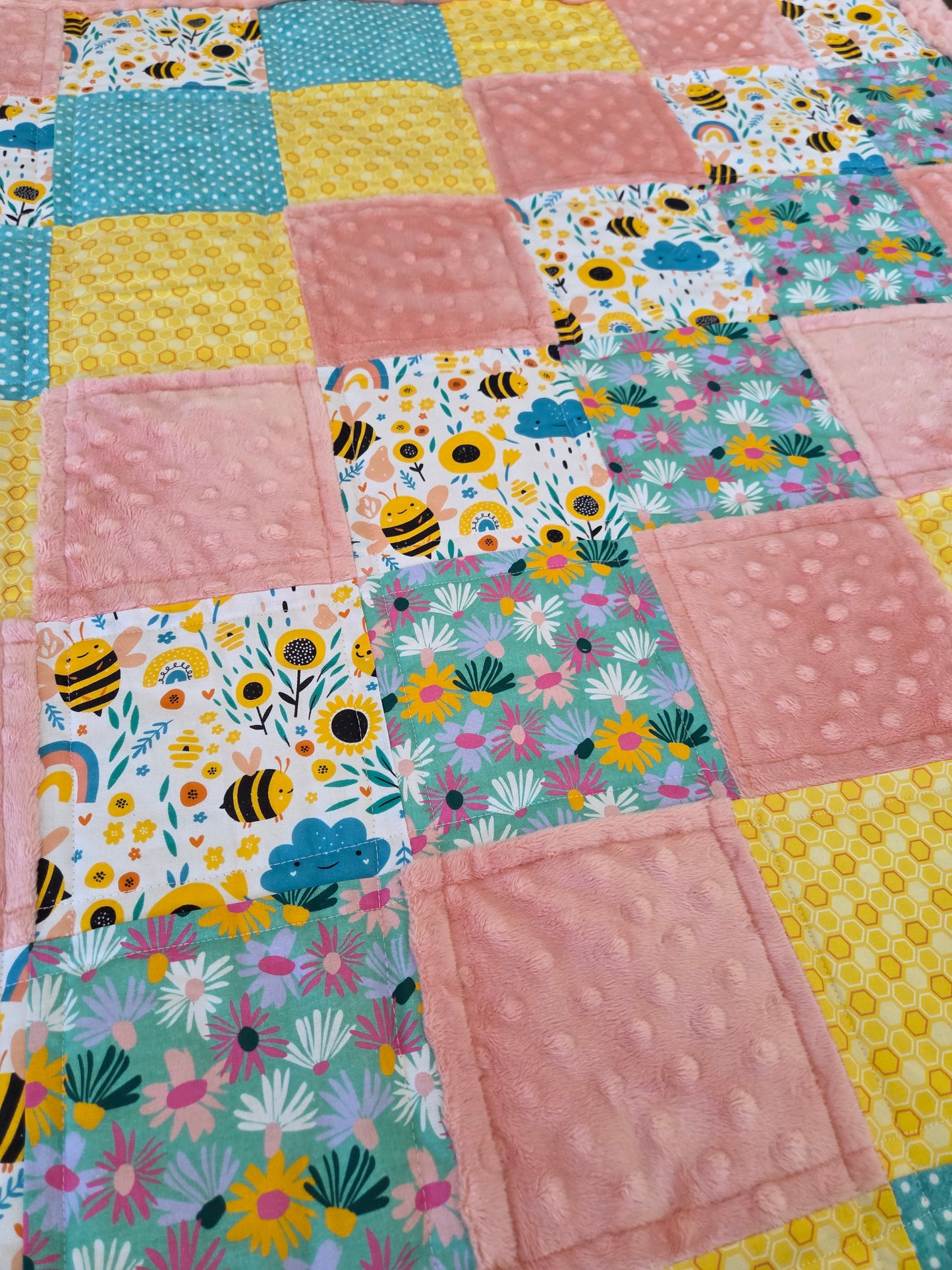 Bees and Flowers Baby Quilt with Minky Back
