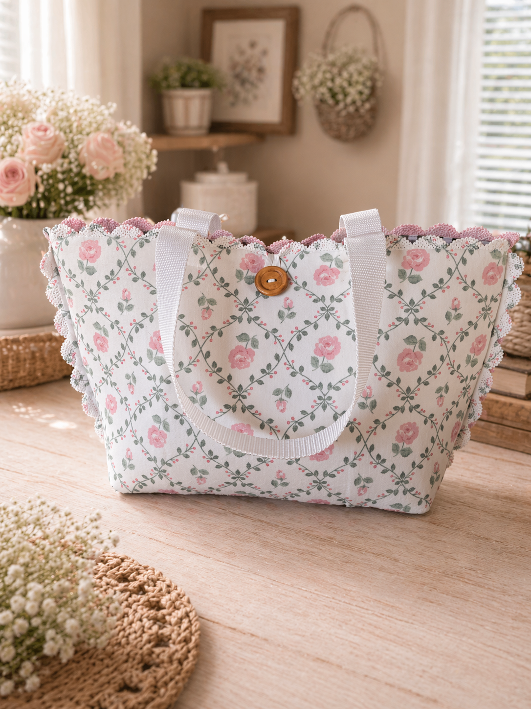 Scalloped Floral and Gingham Tote Bag