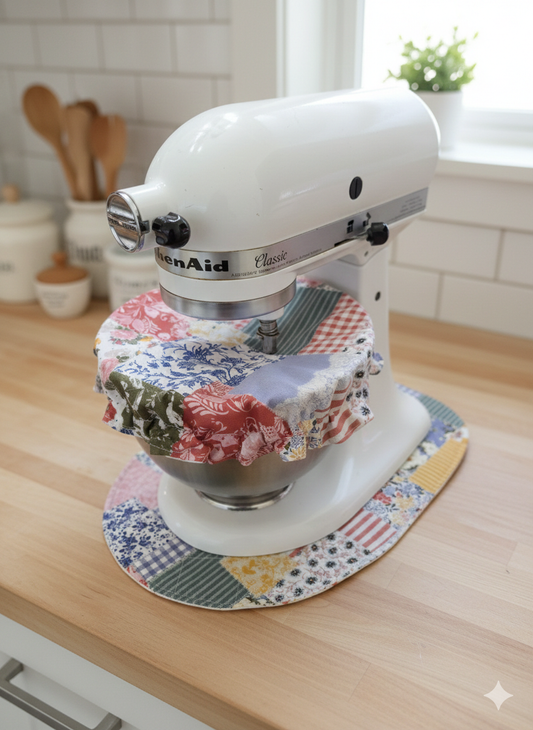 Patchwork and Floral Reversible Stand Mixer Sliding Mat and Bowl Cover Set
