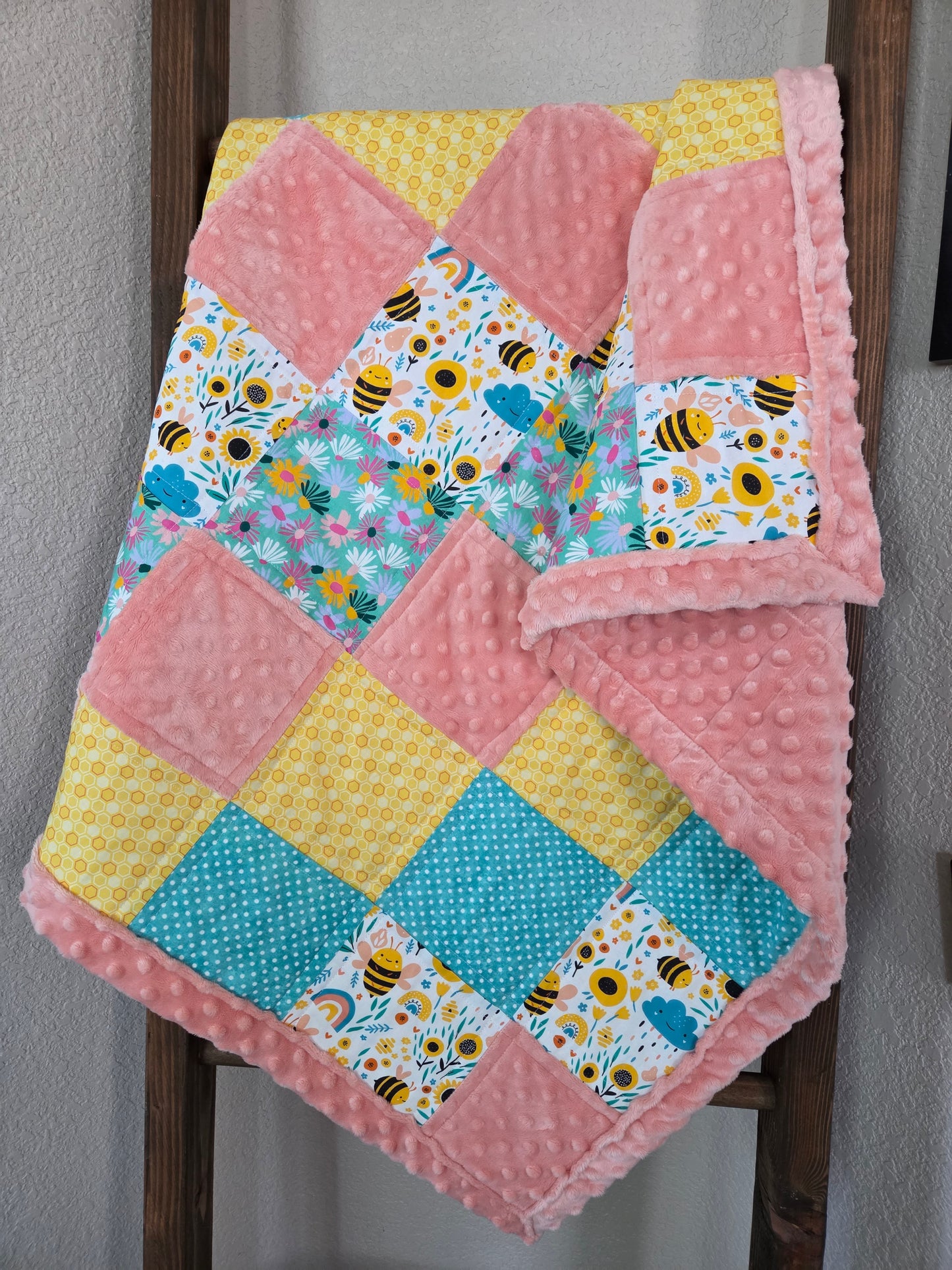 Bees and Flowers Baby Quilt with Minky Back