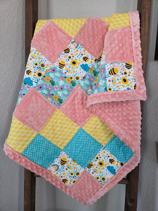 Bees and Flowers Baby Quilt with Minky Back