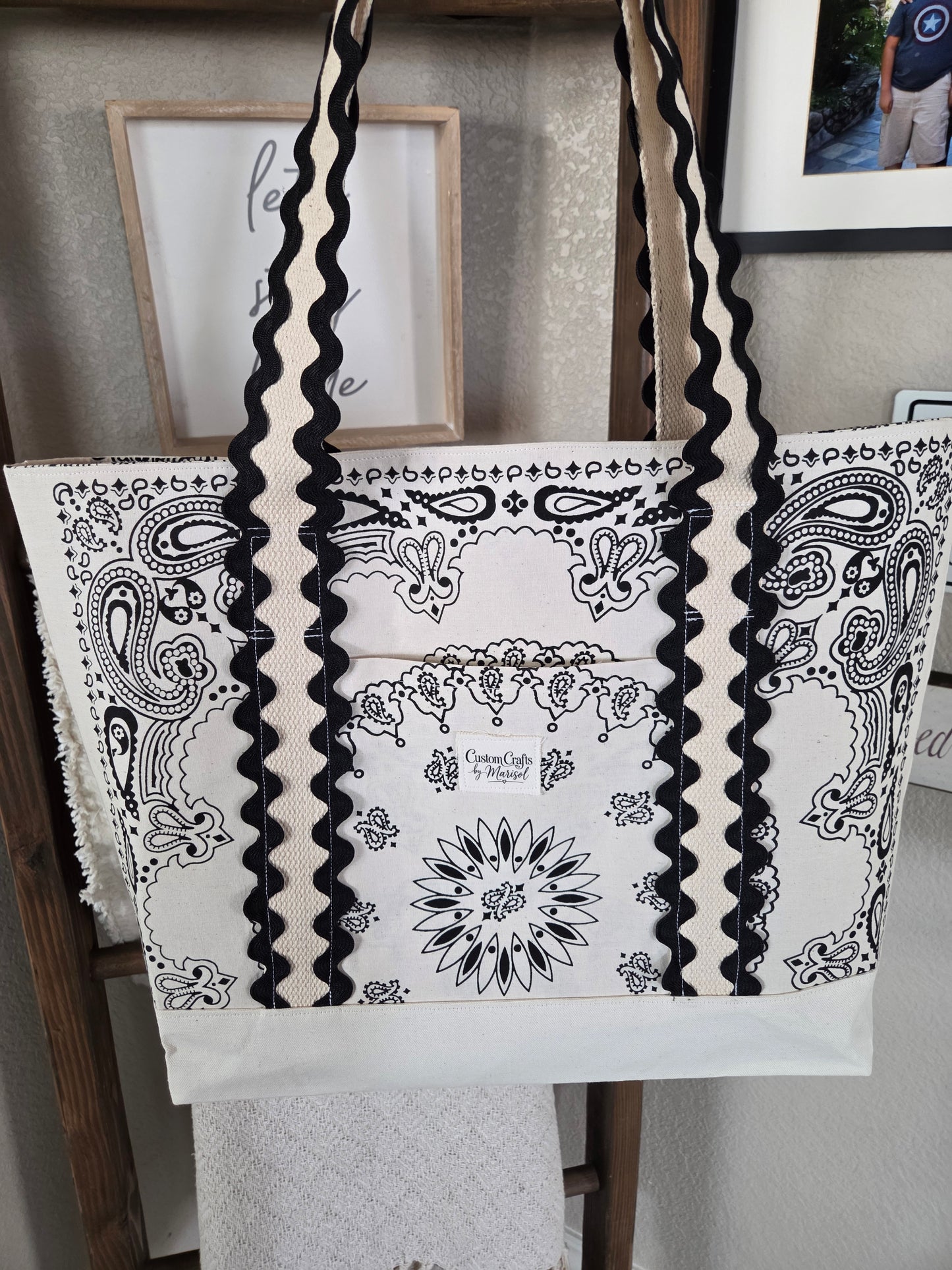 Beige and Black Bandana Tote Bag
