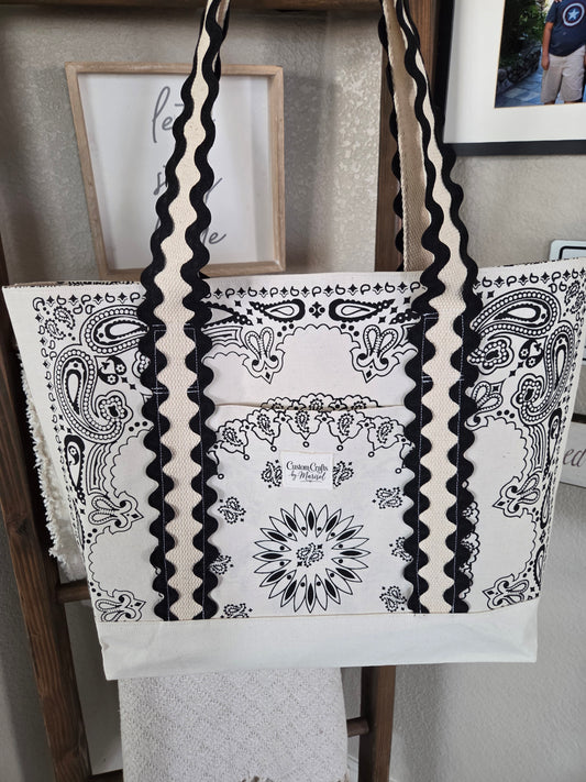 Beige and Black Bandana Tote Bag