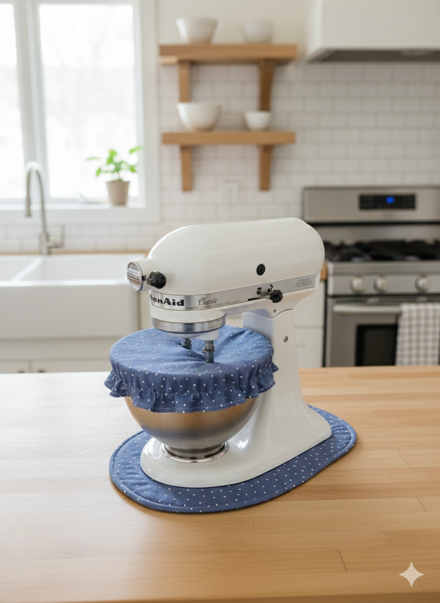 Floral and Blue Reversible Stand Mixer Sliding Mat and Bowl Cover Set