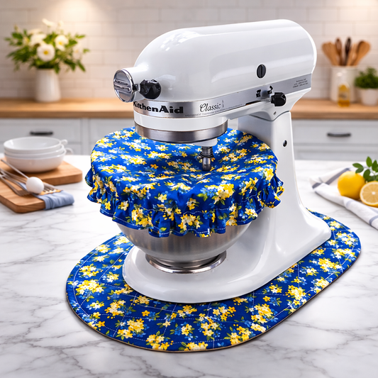 Yellow Floral Reversible Stand Mixer Sliding Mat and Bowl Cover Set