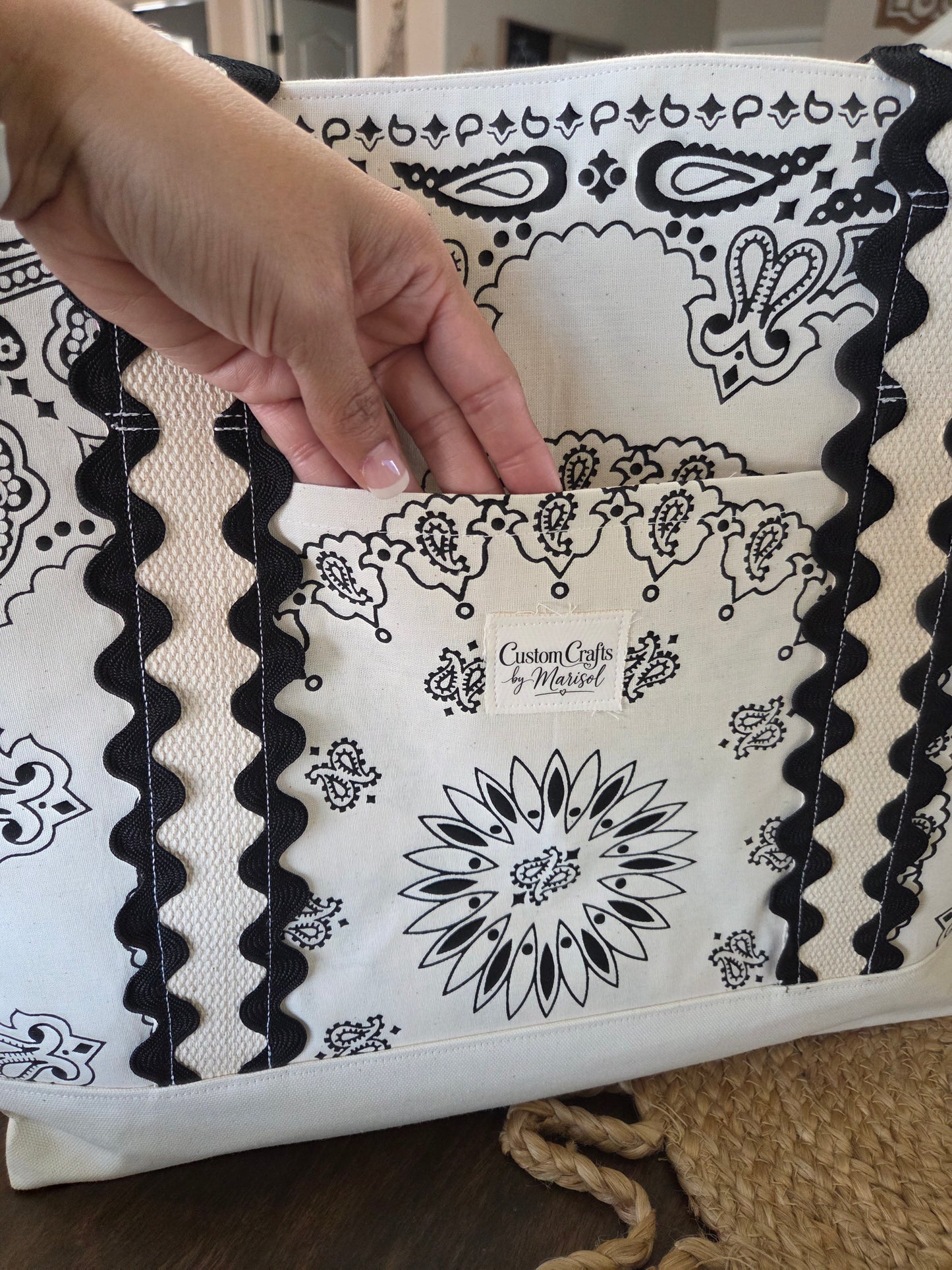 Beige and Black Bandana Tote Bag