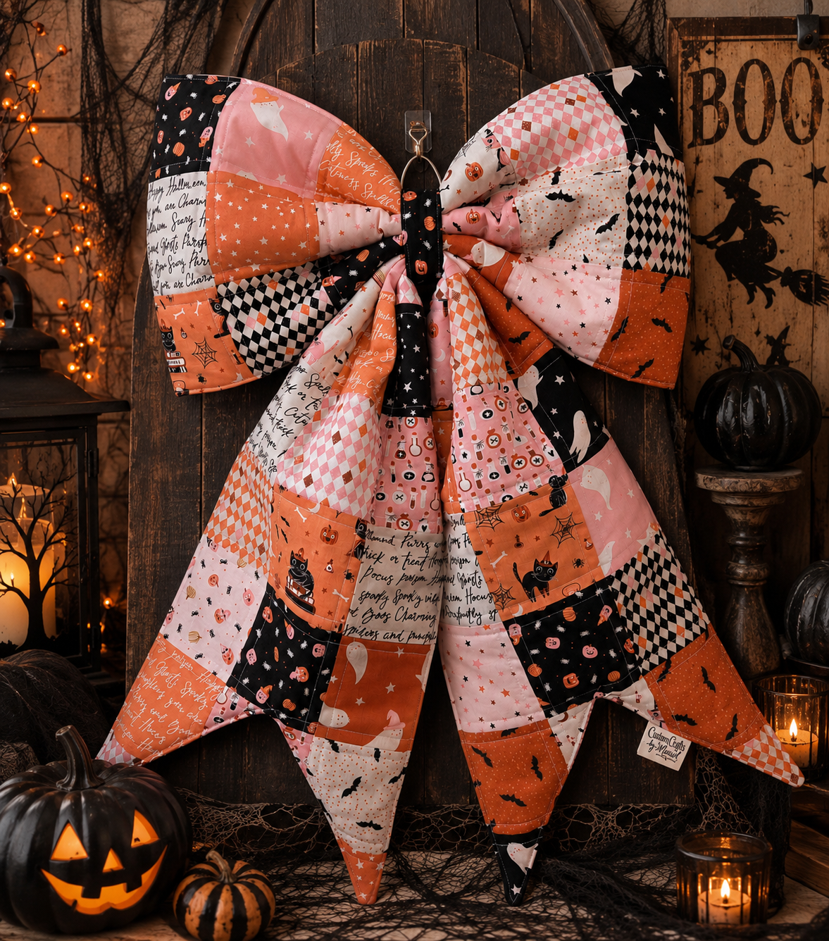 Purrs and Boos Pink Halloween Quilted Bow Door Hanger