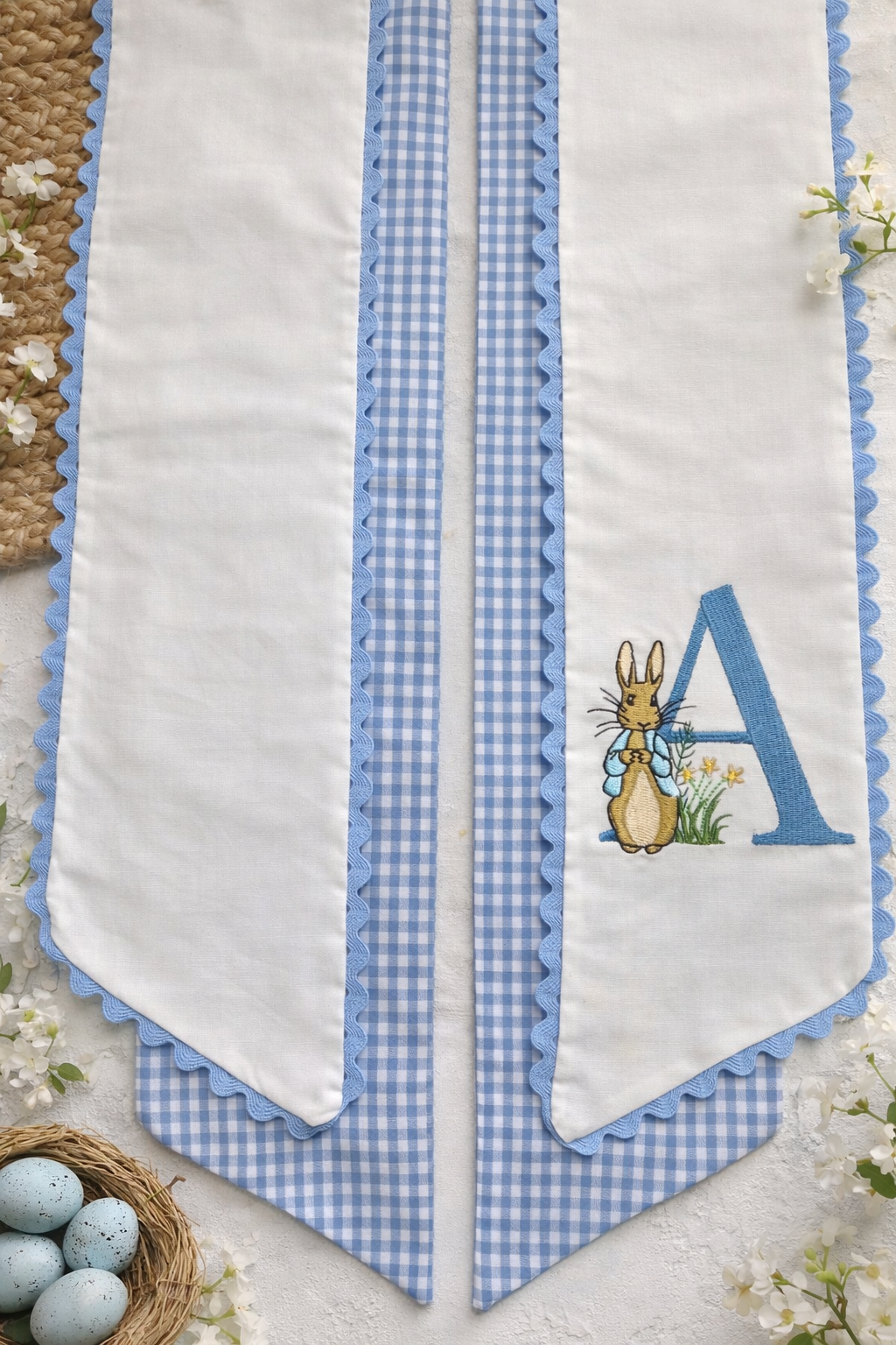 Peter Rabbit Inspired Scalloped Monogrammed Wreath Sash Set (2 Sashes as Pictured)